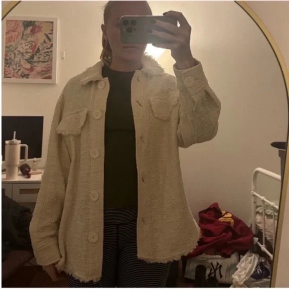 Zara boho Cream Tweed/Linen blend button down shirt Jacket - Picture 5 of 5